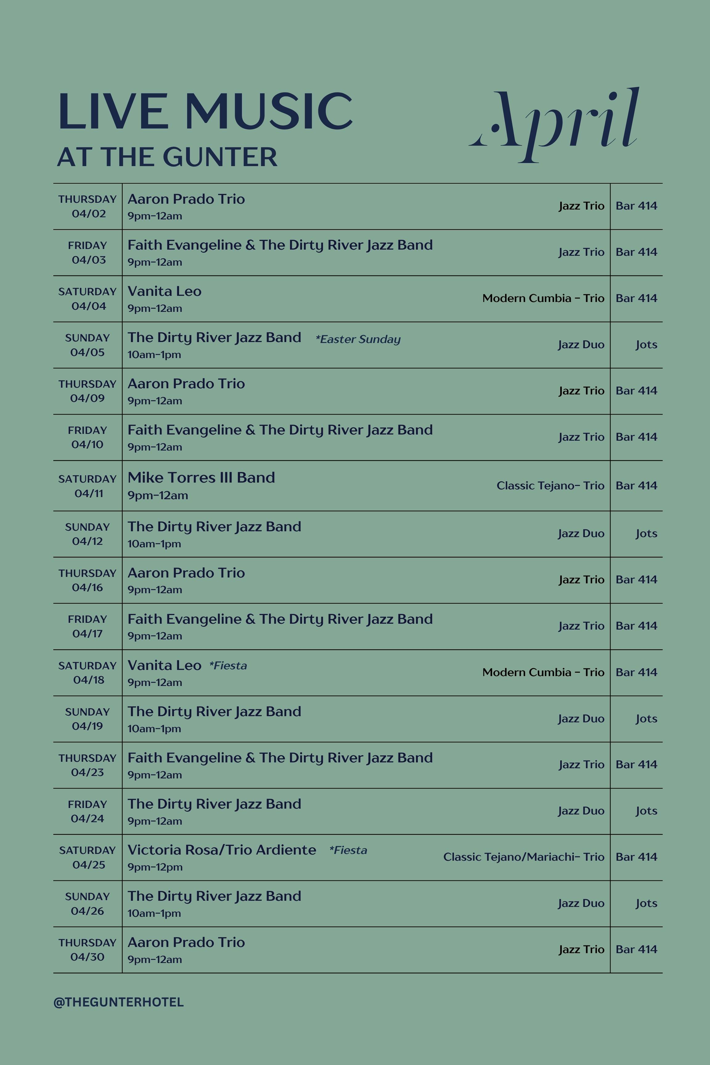 Live music at The Gunter: April schedule for Bar 414 and Jots