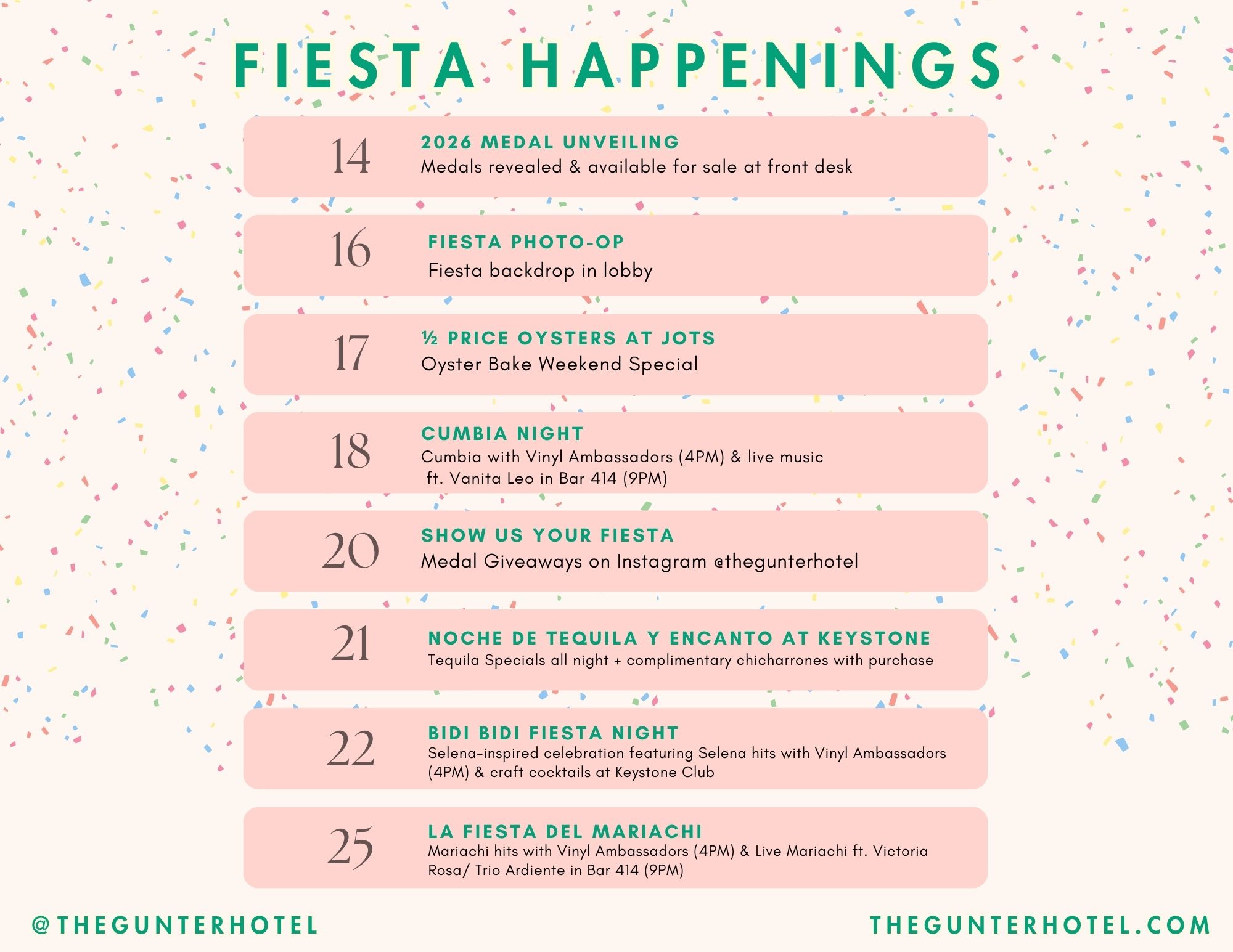 Fiesta Happenings schedule at The Gunter Hotel