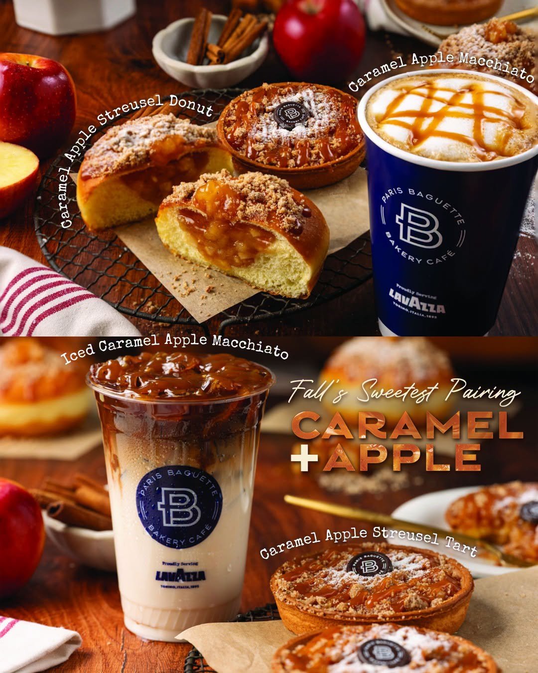 Caramel apple streusel donut, tart, and caramel apple macchiatos at Paris Baguette inside The Gunter Hotel