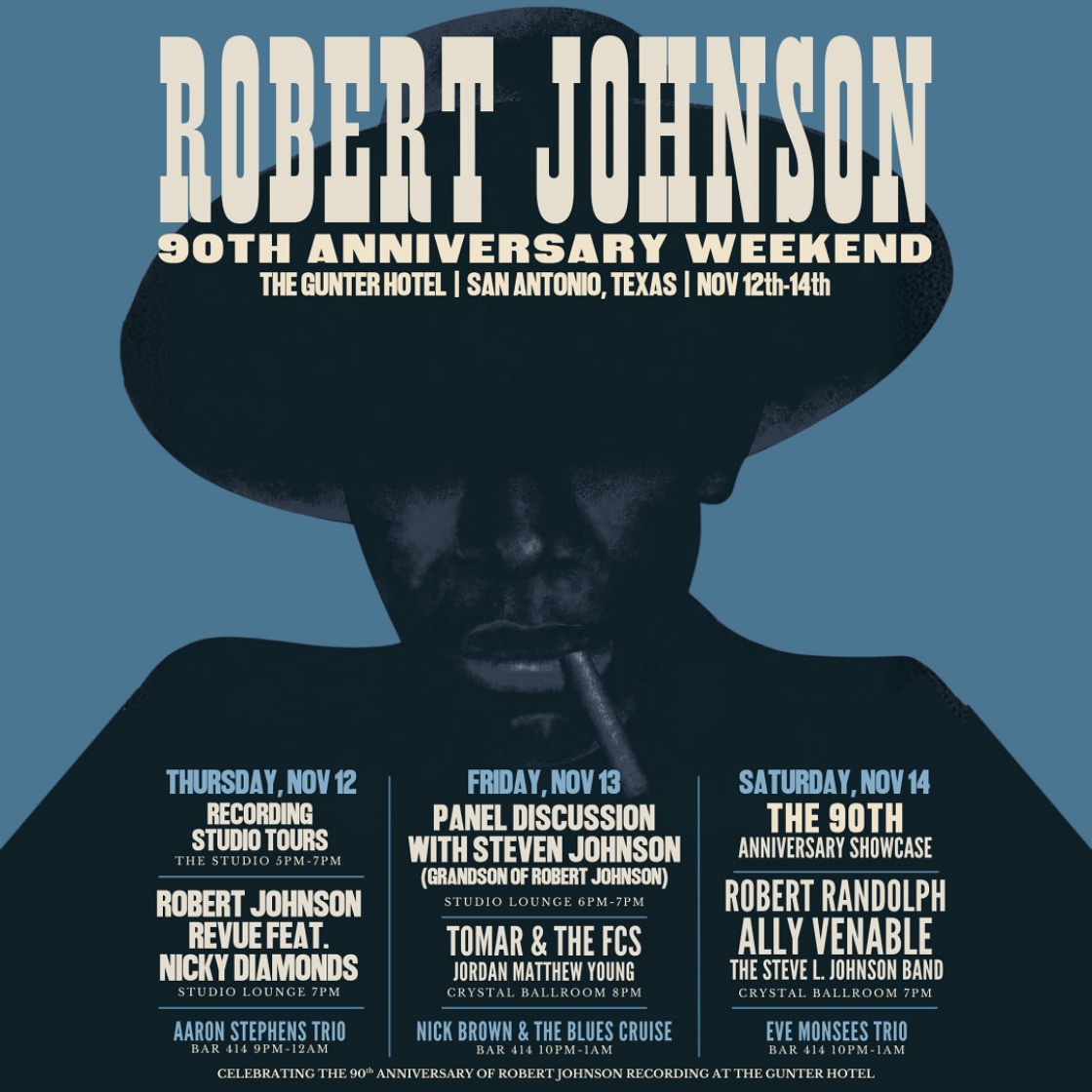 Robert Johnson 90th Anniversary Weekend poster: November 12-14 at The Gunter Hotel, San Antonio