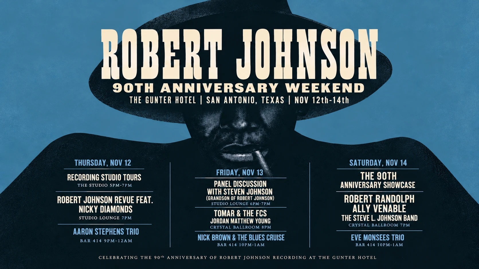 Robert Johnson 90th Anniversary Weekend poster for November 12 to 14, 2026 at The Gunter Hotel