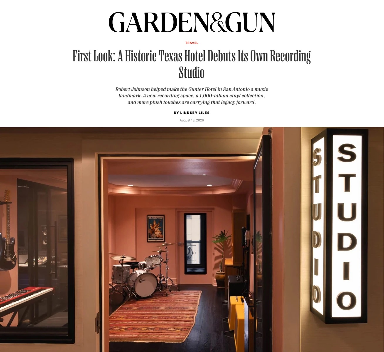 Garden & Gun feature: First Look: A Historic Texas Hotel Debuts Its Own Recording Studio