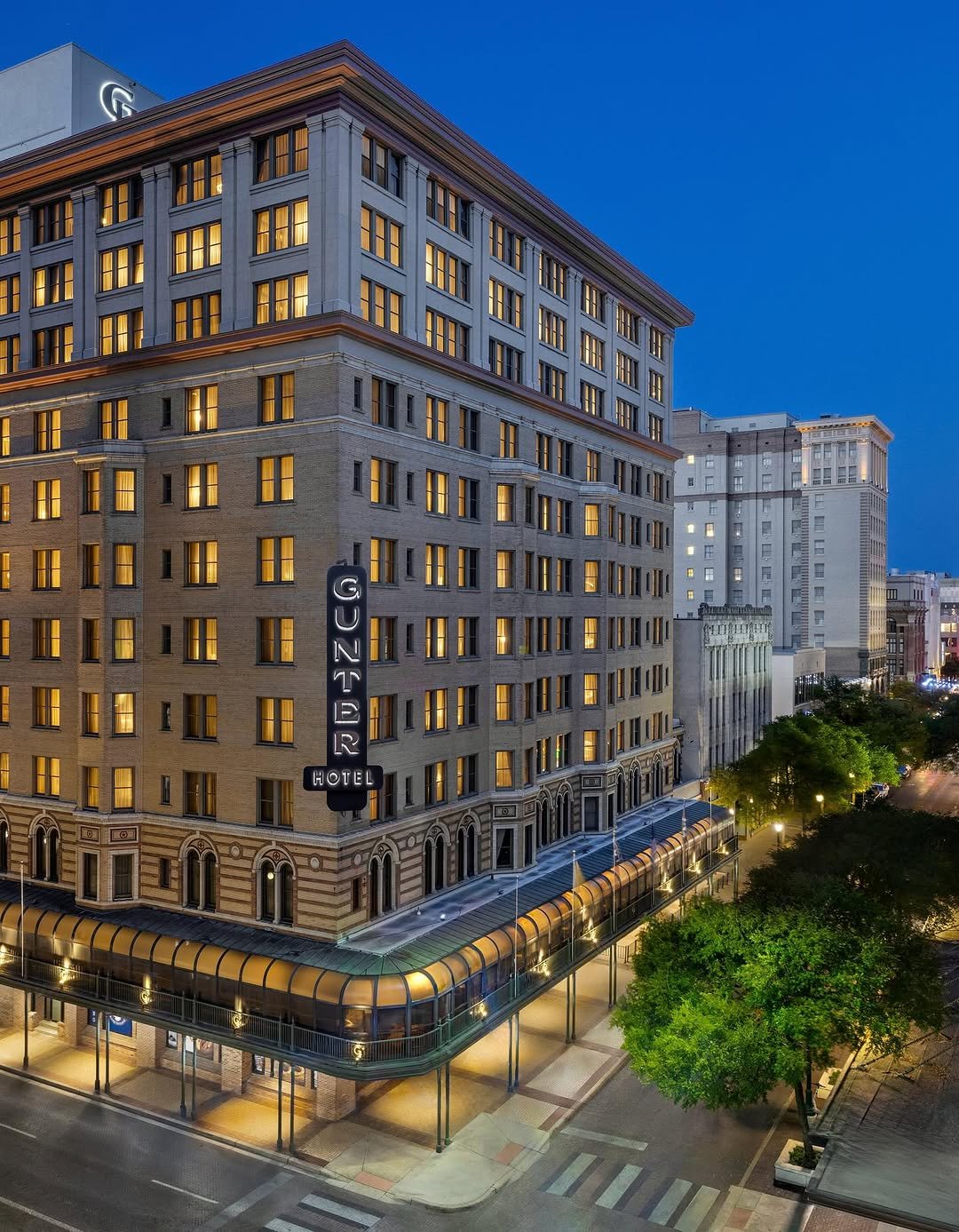 The Gunter Hotel at night, directly across from the Majestic Theatre in downtown San Antonio